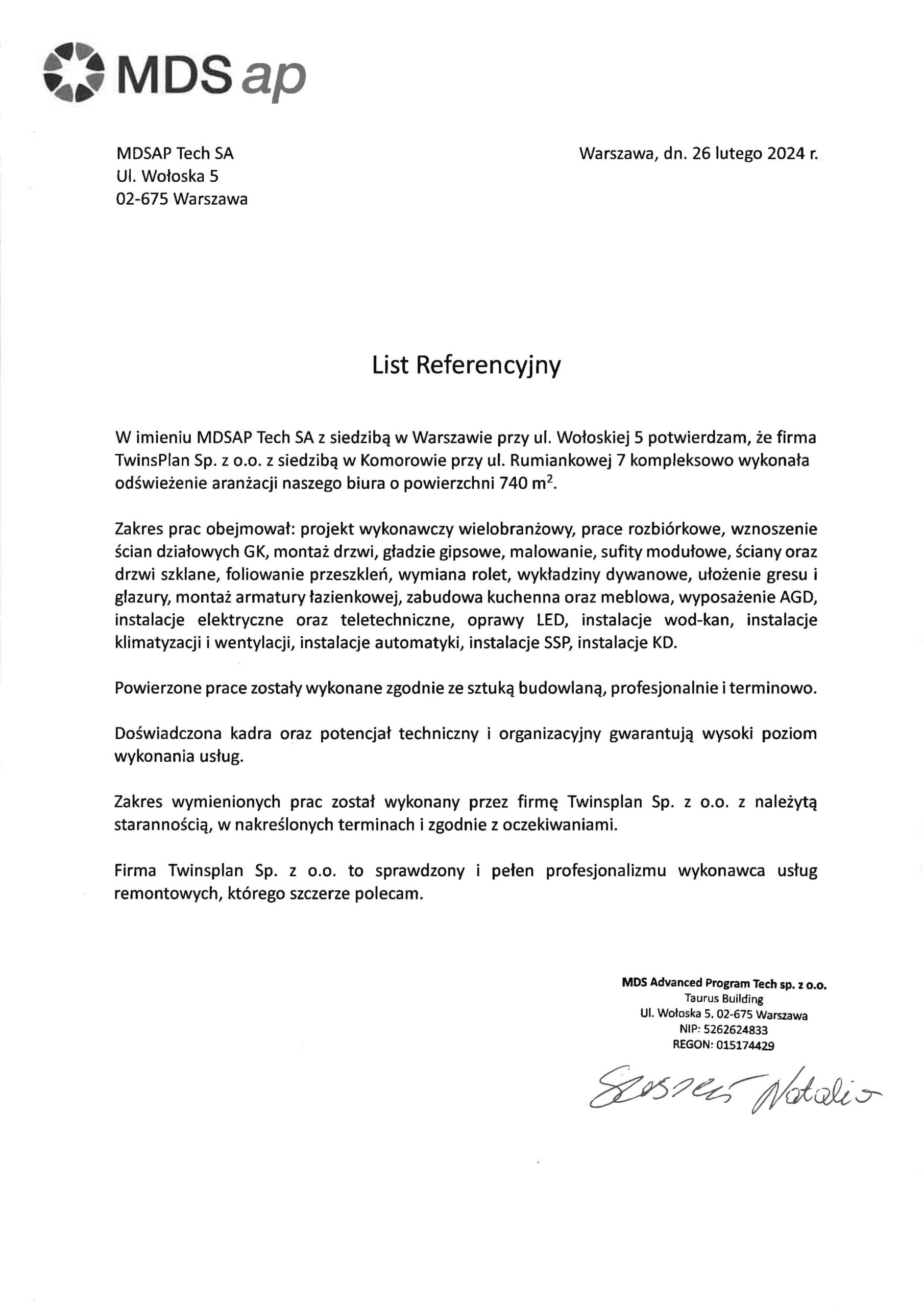 Referencje od firmy MDS | Twinsplan